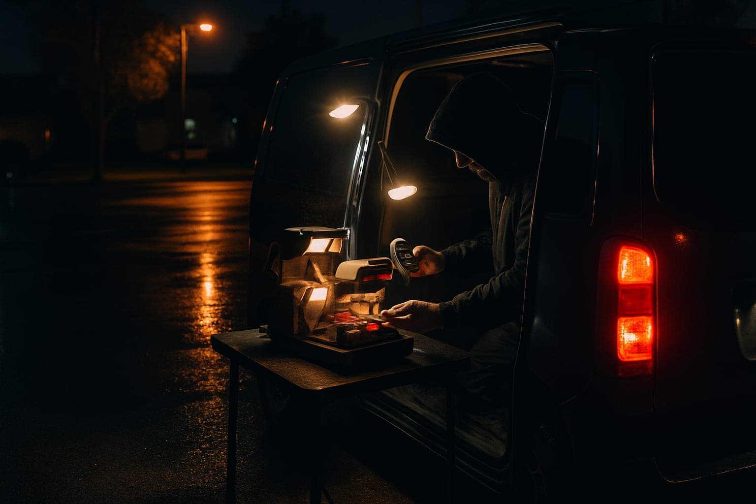 Replacement car key being cut and programmed on-site from a Houston mobile locksmith van