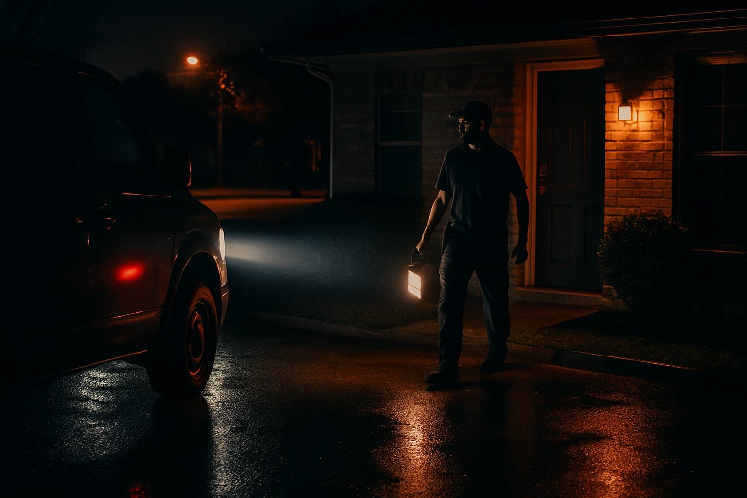 HTX Key emergency lockout technician arriving at a Houston home at night